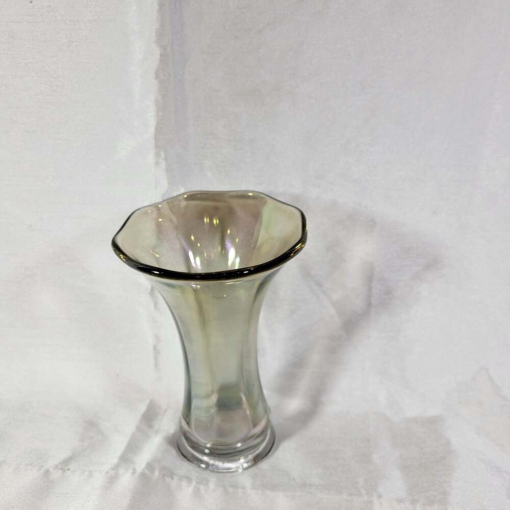 Vintage Fenton Iridescent Stretch Glass Flared Vase with Black Rim, 6"